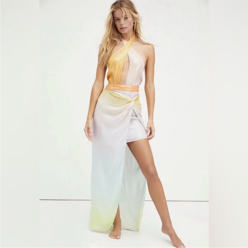 Rococo Sand 2 piece multicolor rainbow gradient halter body suit top skirt set S